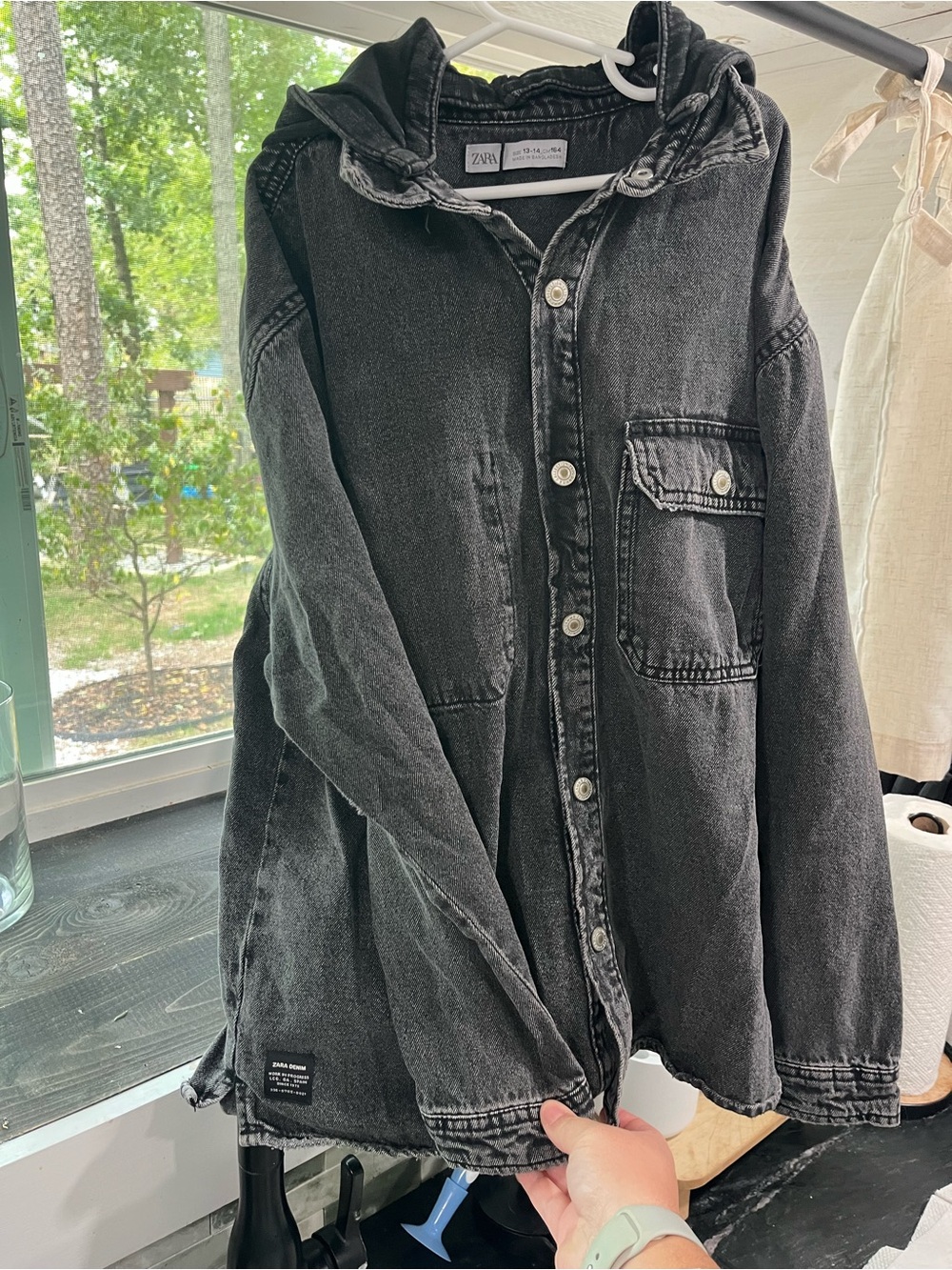 Zara Black Hooded Washed Denim Jacket